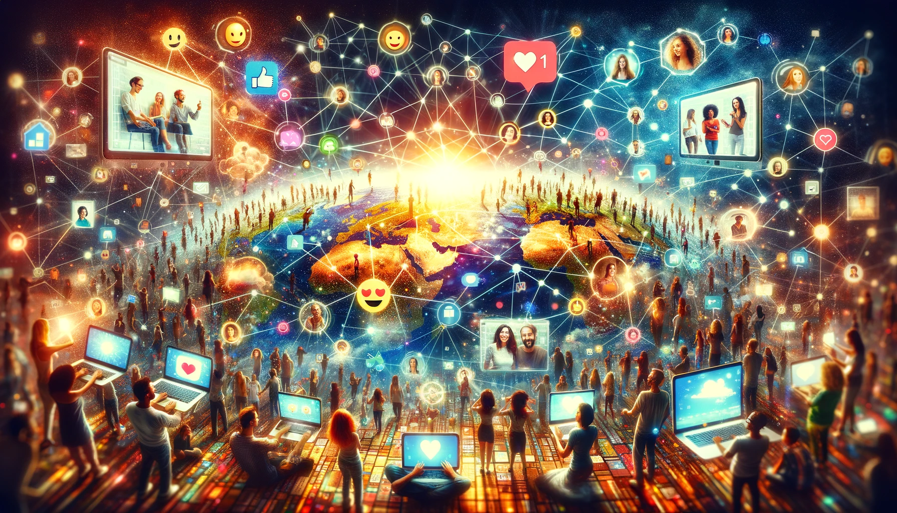 Diverse group of people connecting through a global digital network, showcasing online friendships with devices and friendship symbols.