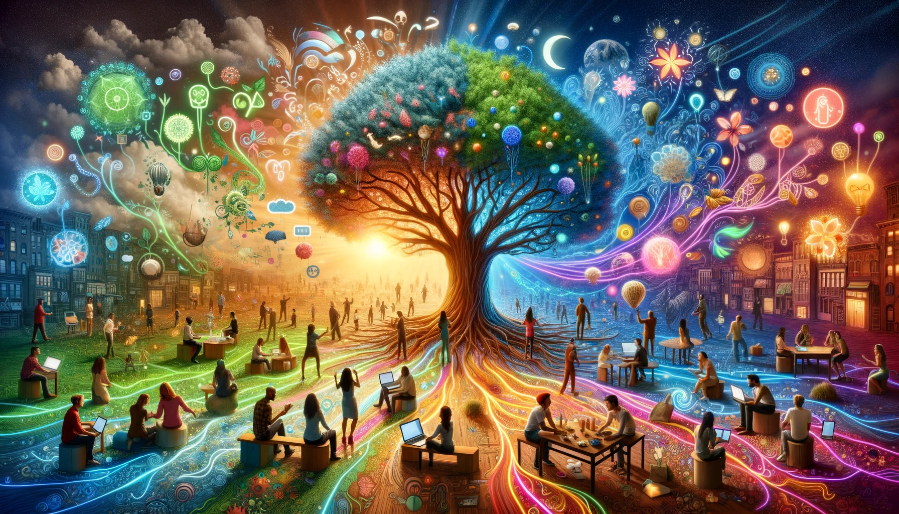 Whimsical tree symbolizing growth and connection with diverse figures engaging in activities like camping, workshops, volunteering, book club reading, hiking, online forum navigation, and attending talks, all interconnected by glowing paths in a surreal mixed landscape.