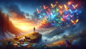 A person stands on a cliff's edge at sunset, releasing a vibrant flock of luminous birds into the sky, surrounded by symbols of hobbies like books, a paintbrush, a musical instrument, and a laptop.