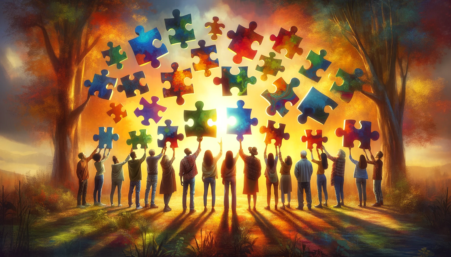 A vibrant group of diverse individuals in a natural setting, each holding a uniquely colored puzzle piece, ready to unite them, symbolizing the creation of a supportive network.