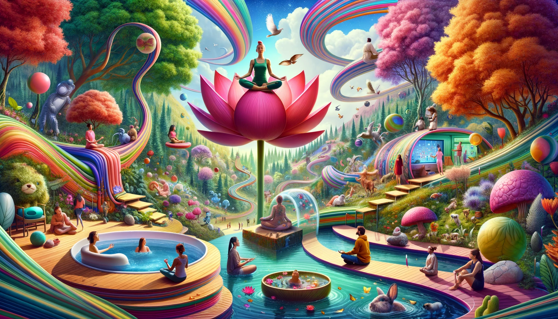 Alt Text: "A vibrant, wide landscape bustling with people engaging in exaggerated self-care activities: meditating on a giant lotus, luxuriating in an oversized tub in a forest, a digital detox with animals, and a spiraling nature walk into the sky.