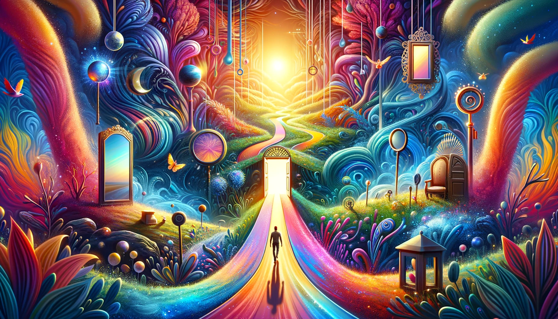 A fantastical landscape illustrating a journey of self-discovery, featuring a winding path through vibrant, natural settings with symbolic objects like mirrors, keys, and doors representing different aspects of personal growth.