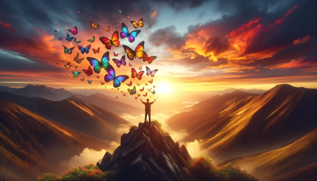 An individual stands triumphant on a mountain peak at sunrise, releasing vibrant butterflies from open hands, symbolizing personal transformation and the power of positive affirmations.