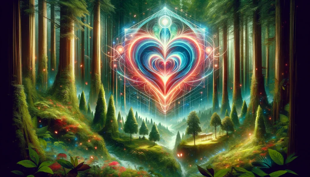 A vibrant, lush forest under a majestic rainbow with an abstract, glowing symbol of joy in the center, embodying the essence of pure happiness and connection with nature.