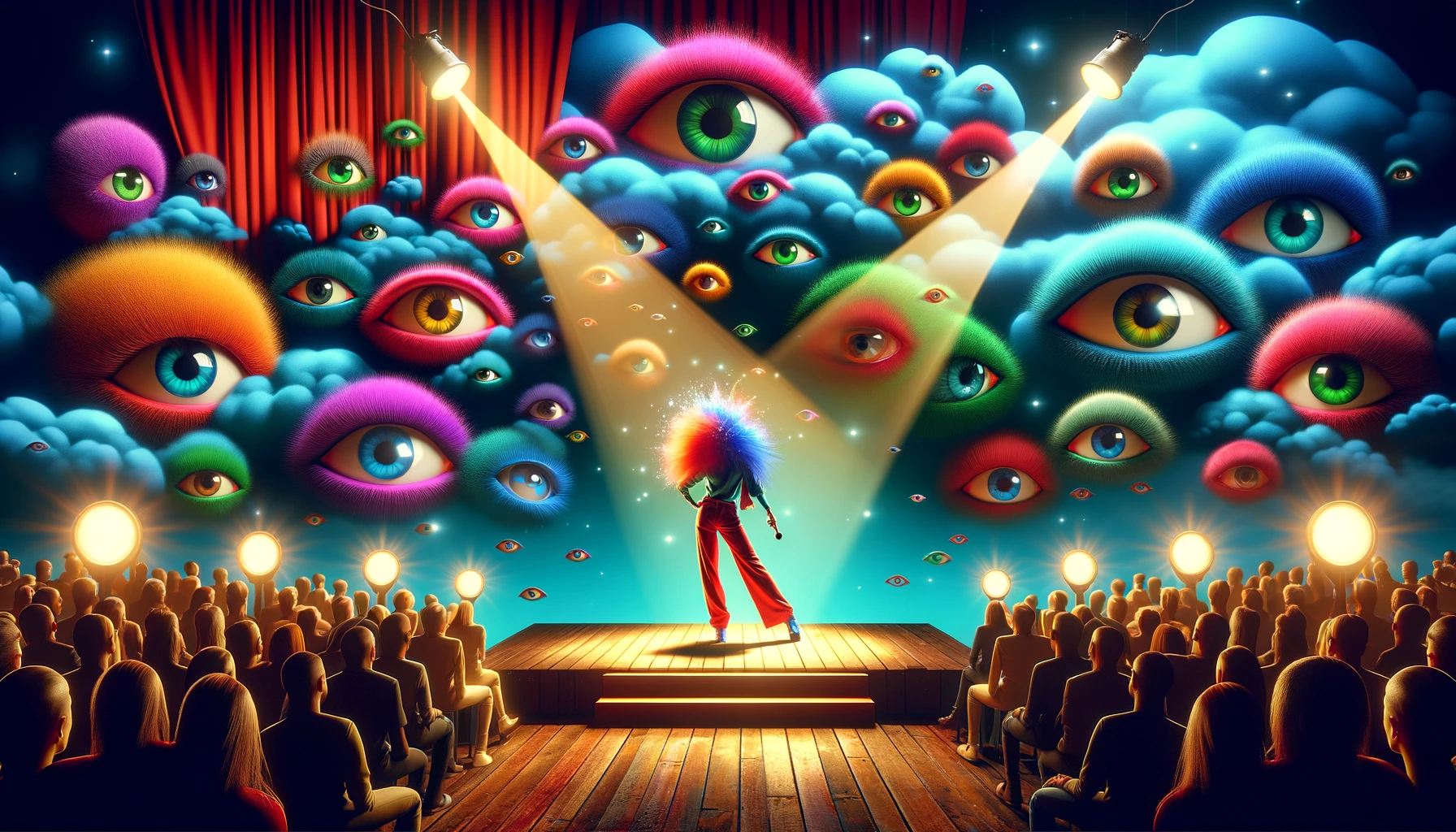 An individual confidently stands on a stage under a spotlight, clad in vibrant, unique attire, amidst oversized watching eyes and abstract societal expectations floating like clouds, embodying resilience and self-expression.