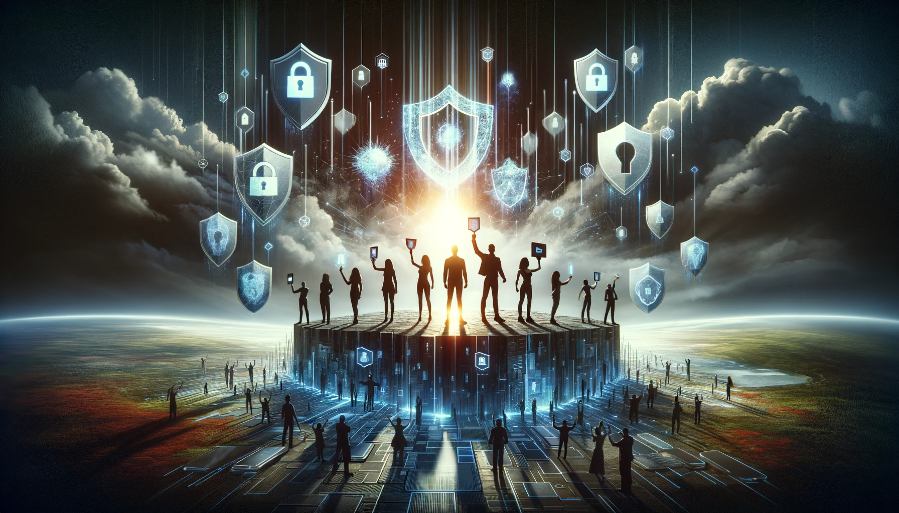 A diverse group of people stands united on a digital landscape, holding devices with shields and locks, under a sky where light breaks through dark clouds, symbolizing hope and resilience against digital crimes.