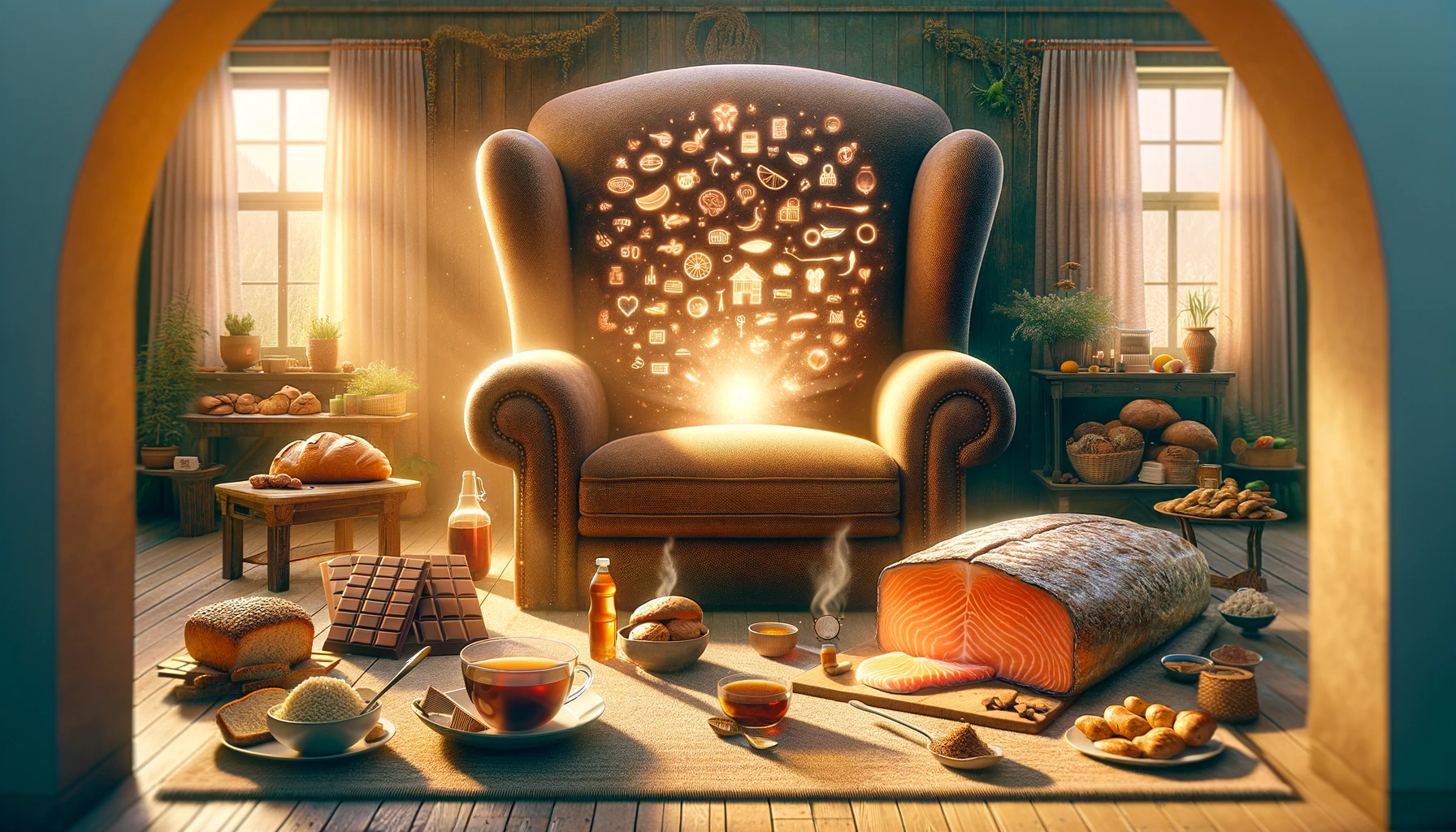 A whimsical living room scene with an oversized, cozy armchair surrounded by glowing, larger-than-life comfort foods, including steaming herbal teas, cracked dark chocolate with golden light, a bowl of chicken soup, a loaf of whole grain bread, and a salmon fillet, all radiating warmth and tranquility.