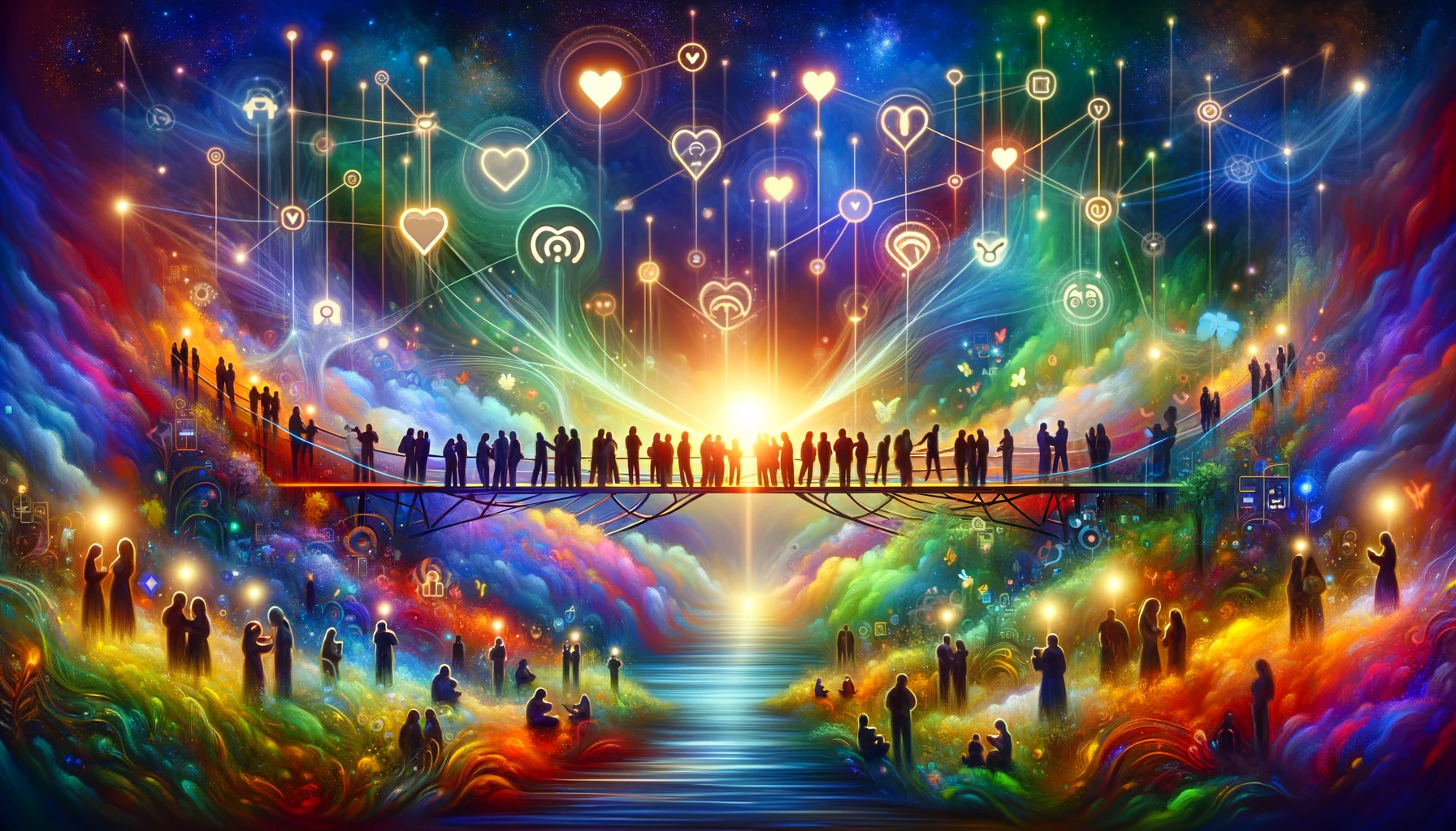 A vibrant, digital landscape where diverse people connect through glowing screens amidst a blend of natural elements and technology, with symbolic hearts and ears emphasizing empathy and listening.