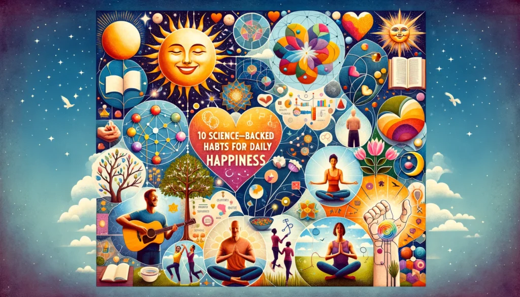 A vibrant collage featuring symbols of happiness habits including a sun for positivity, a heart for love, a tree for growth, an open journal, a meditating figure, people laughing, conversing, a colorful plate, someone exercising, and a pillow for sleep.