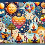 A vibrant collage featuring symbols of happiness habits including a sun for positivity, a heart for love, a tree for growth, an open journal, a meditating figure, people laughing, conversing, a colorful plate, someone exercising, and a pillow for sleep.