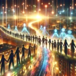 Diverse group forming a human chain in a futuristic city lit by warm lights, symbolizing unity and technological empowerment for social safety nets.