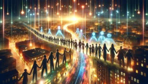 Diverse group forming a human chain in a futuristic city lit by warm lights, symbolizing unity and technological empowerment for social safety nets.