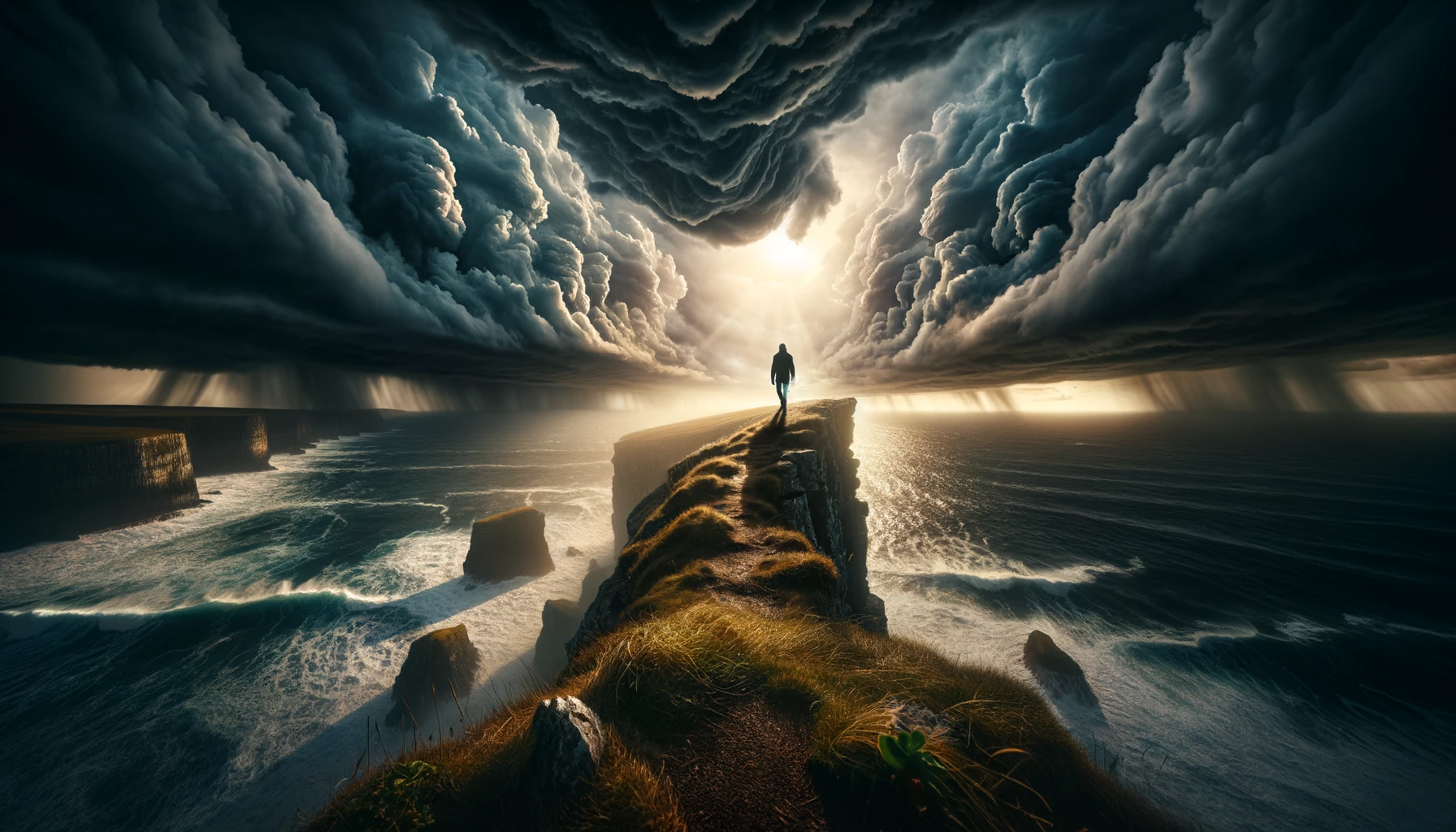 A lone figure stands on the brink of a cliff overlooking a stormy sea, symbolizing the courage to embrace vulnerability amidst life's tumultuous challenges.