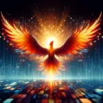 A vibrant phoenix rising from digital pixels against a backdrop of a soft, glowing digital landscape, symbolizing triumph over cyberbullying trauma with wings spread wide in a gesture of empowerment and renewal.