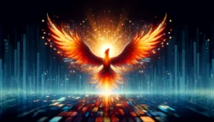 A vibrant phoenix rising from digital pixels against a backdrop of a soft, glowing digital landscape, symbolizing triumph over cyberbullying trauma with wings spread wide in a gesture of empowerment and renewal.