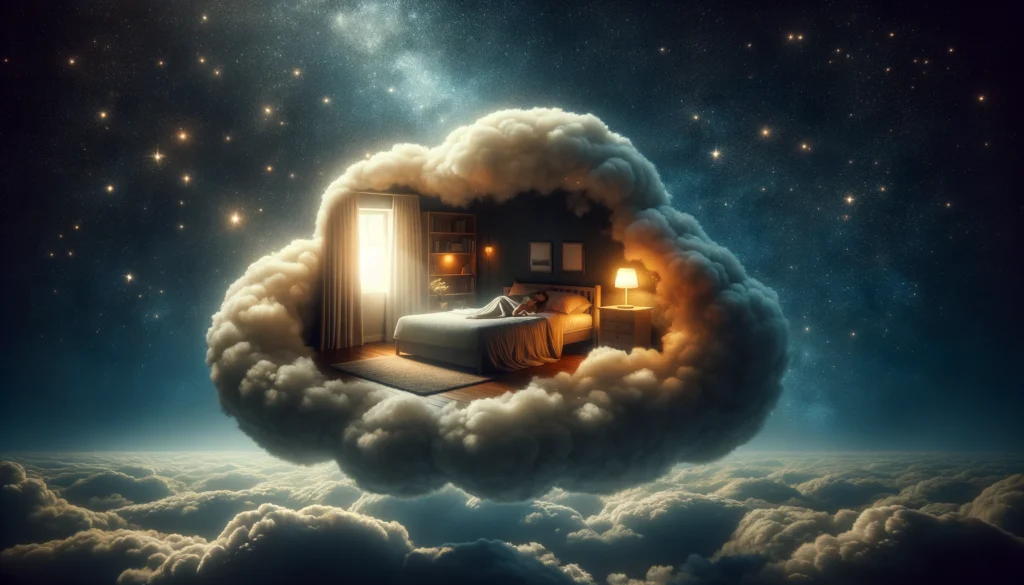 A serene bedroom illuminated by a gentle lamp floats on a cloud in a starry night sky, symbolizing peaceful sleep through cognitive therapy for insomnia.