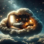 A serene bedroom illuminated by a gentle lamp floats on a cloud in a starry night sky, symbolizing peaceful sleep through cognitive therapy for insomnia.