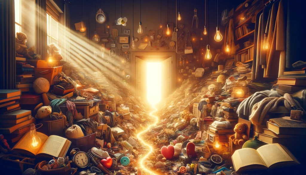 A warmly lit room cluttered with objects like books and clothes, featuring a clear path to an open window where light shines through, symbolizing hope and recovery from hoarding disorder. Symbols of love, insight, and understanding are subtly placed along the path.