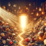 A warmly lit room cluttered with objects like books and clothes, featuring a clear path to an open window where light shines through, symbolizing hope and recovery from hoarding disorder. Symbols of love, insight, and understanding are subtly placed along the path.